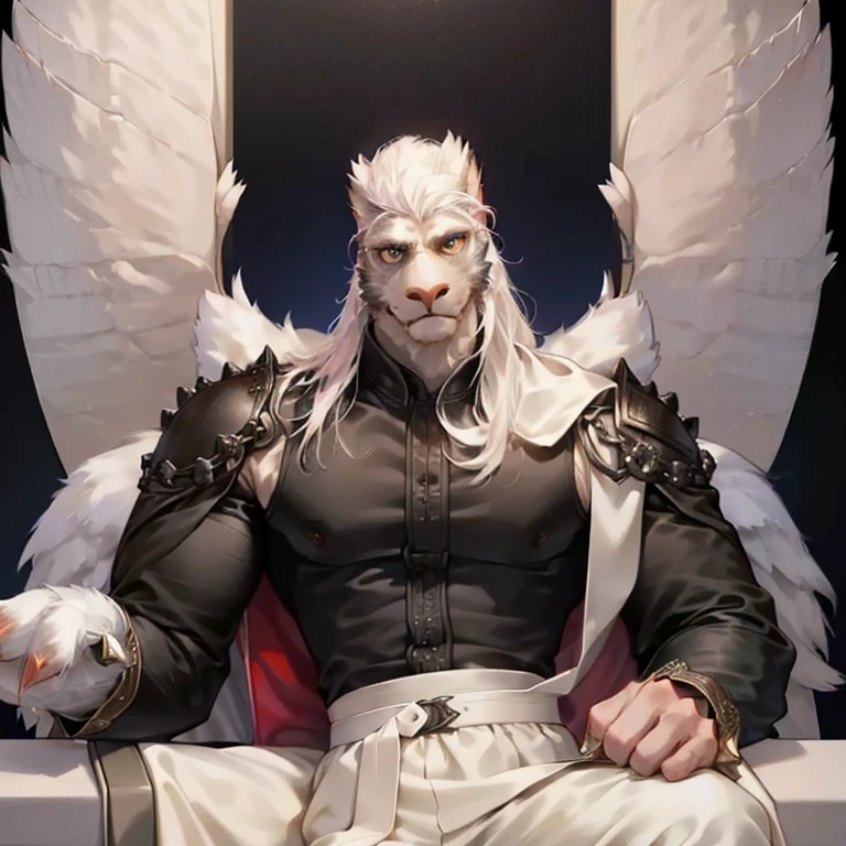 1boys, (((Beauty Eagle anthro))), Solo, White fur, White skin, (((Eagle Beak & Claws with Fur))), White Fur Hands, Beak, Claws, (Long coat:1.2), shackle, old age, A high resolution, 8K high-definition, ((extremy detailed face & eyes & hairs & body & clothing)), Slim Body & Furry Fingers, detailedbackground, Should Wear Pink Suit for Wizard, In the Street Front Cafe Store, City landscape, Gothic, Siting on King Chair,