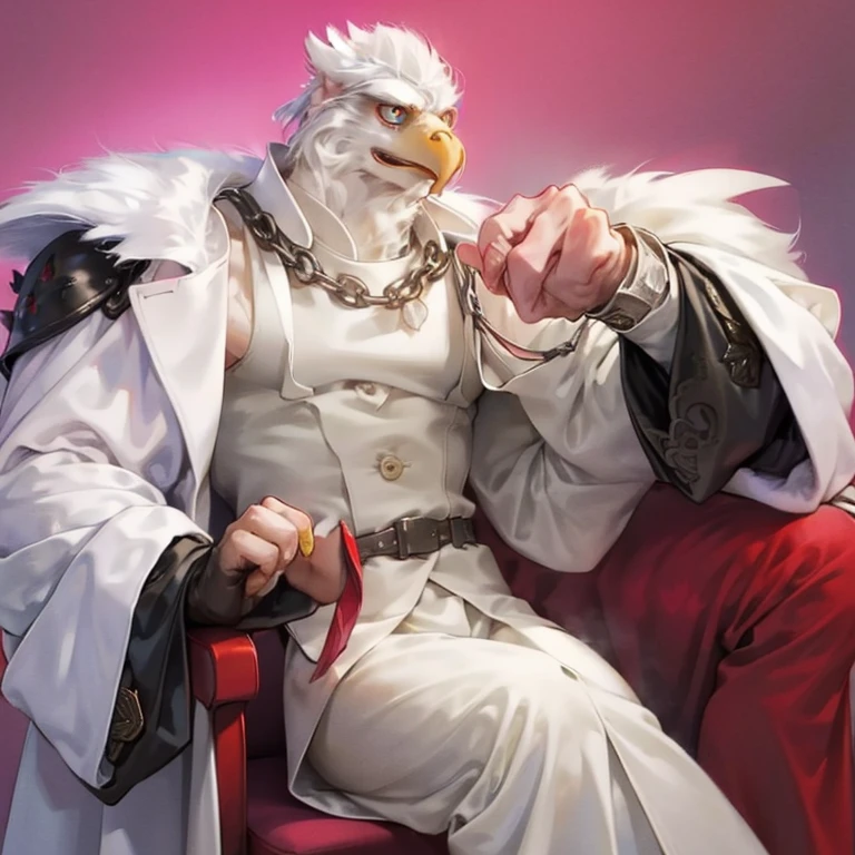 1boys, (((Beauty Eagle anthro))), Solo, White fur, White skin, (((Eagle Beak & Claws with Fur))), White Fur Hands, Beak, Claws, (Long coat:1.2), shackle, old age, A high resolution, 8K high-definition, ((extremy detailed face & eyes & hairs & body & clothing)), Slim Body & Furry Fingers, detailedbackground, Should Wear Pink Suit for Wizard, In the Street Front Cafe Store, City landscape, Gothic, Siting on King Chair,