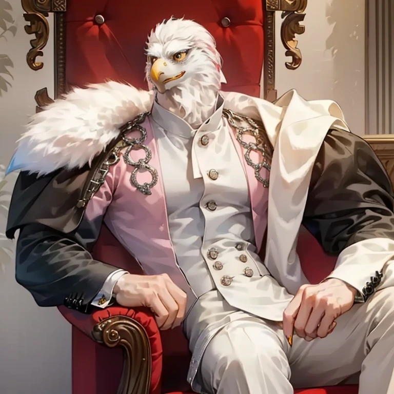 1boys, (((Beauty Eagle anthro))), Solo, White fur, White skin, ((((Eagle Beak & Claws with Fur)))), White Fur Hands, Beak, Claws, (Long coat:1.2), shackle, old age, A high resolution, 8K high-definition, ((extremy detailed face & eyes & hairs & body & clothing)), Slim Body & Furry Fingers, detailedbackground, Should Wear Pink Suit for Wizard, In the Street Front Cafe Store, City landscape, Gothic, Siting on King Chair,