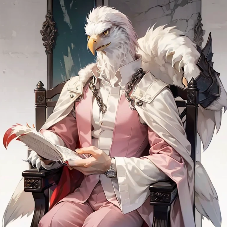 1boys, (((Beauty Eagle anthro))), Solo, White fur, White skin, ((((Eagle Beak & Claws with Fur)))), White Fur Hands, Beak, Claws, (Long coat:1.2), shackle, old age, A high resolution, 8K high-definition, ((extremy detailed face & eyes & hairs & body & clothing)), Slim Body & Furry Fingers, detailedbackground, Should Wear Pink Suit for Wizard, In the Street Front Cafe Store, City landscape, Gothic, Siting on King Chair,