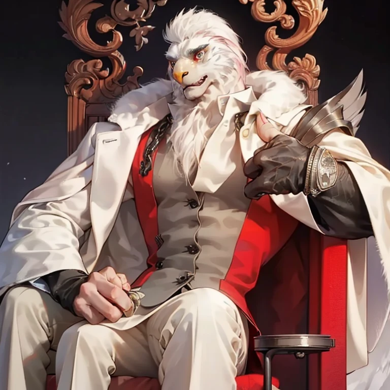 1boys, (((Beauty Eagle anthro))), Solo, White fur, White skin, ((((Eagle Beak & Claws with Fur)))), White Fur Hands, Beak, Claws, (Long coat:1.2), shackle, old age, A high resolution, 8K high-definition, ((extremy detailed face & eyes & hairs & body & clothing)), Slim Body & Furry Fingers, detailedbackground, Should Wear Pink Suit for Wizard, In the Street Front Cafe Store, City landscape, Gothic, Siting on King Chair,