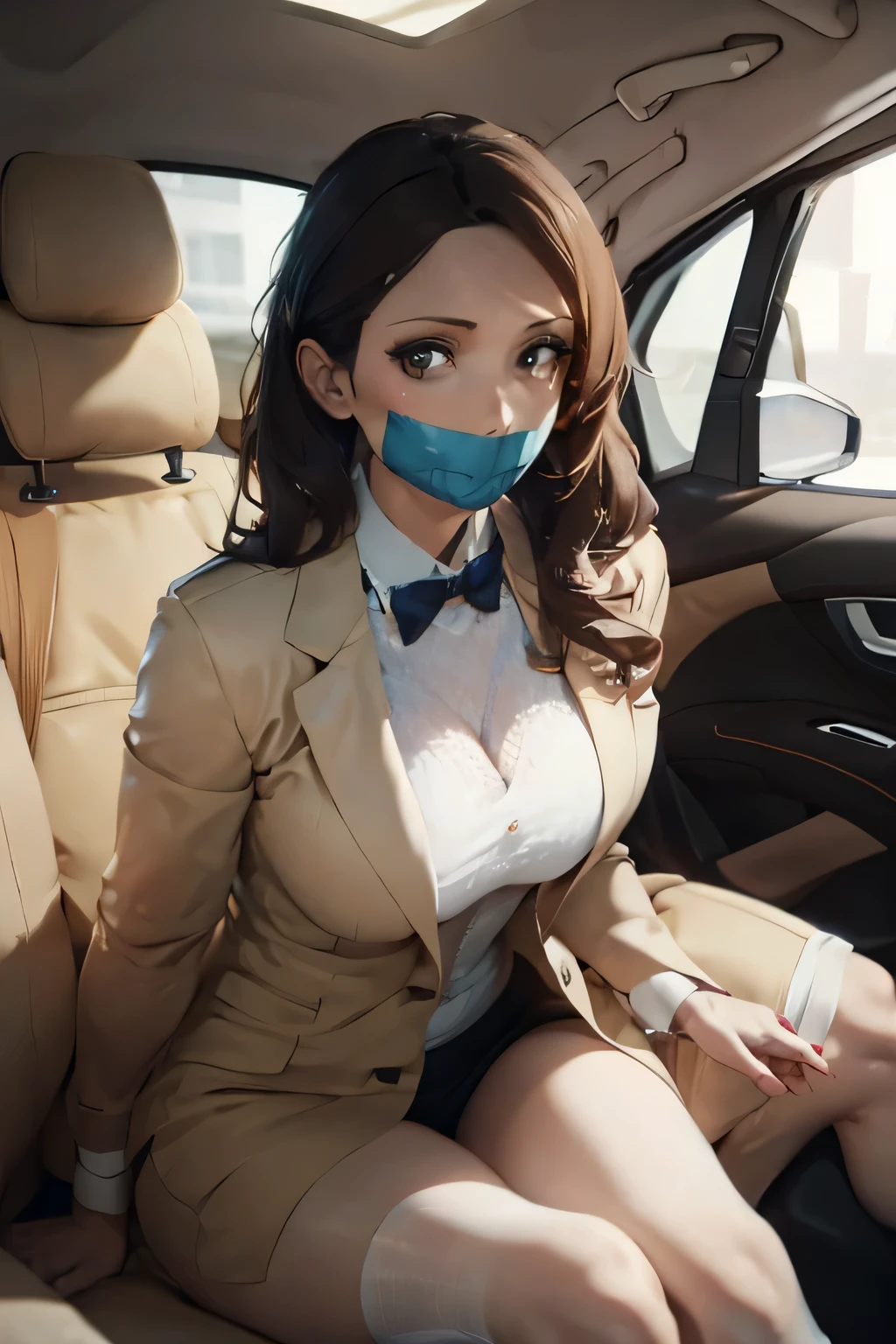 a woman in a car, (tape gag:1.2 ),8K,brown hair, large breasts, beige suit, detailed facial features, hyper realistic, photorealistic, 8k, highest quality, cinematic lighting, intricate details, masterpiece,sitting on seat