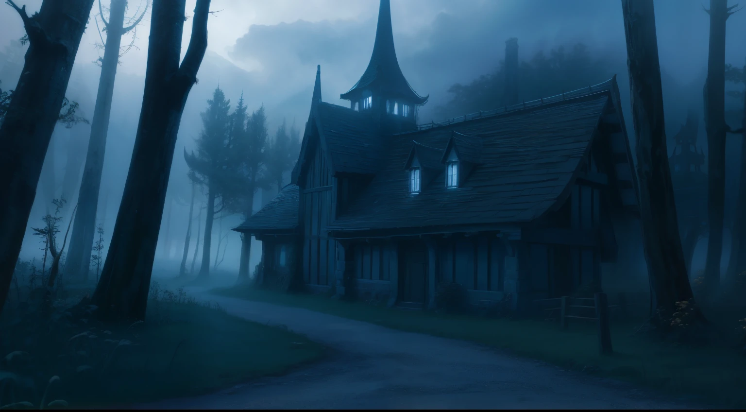 scenic background, anime style, fog, mist, medieval fantasy town, haunted forest, cobblestone paths, grass, low visibility, spooky mood, dark lightning, fog clouds, landscape illustration, misty weather, tranquil eerie landscape, silent hill fog, night time, phblue, scenery, blue theme, assassin's den,