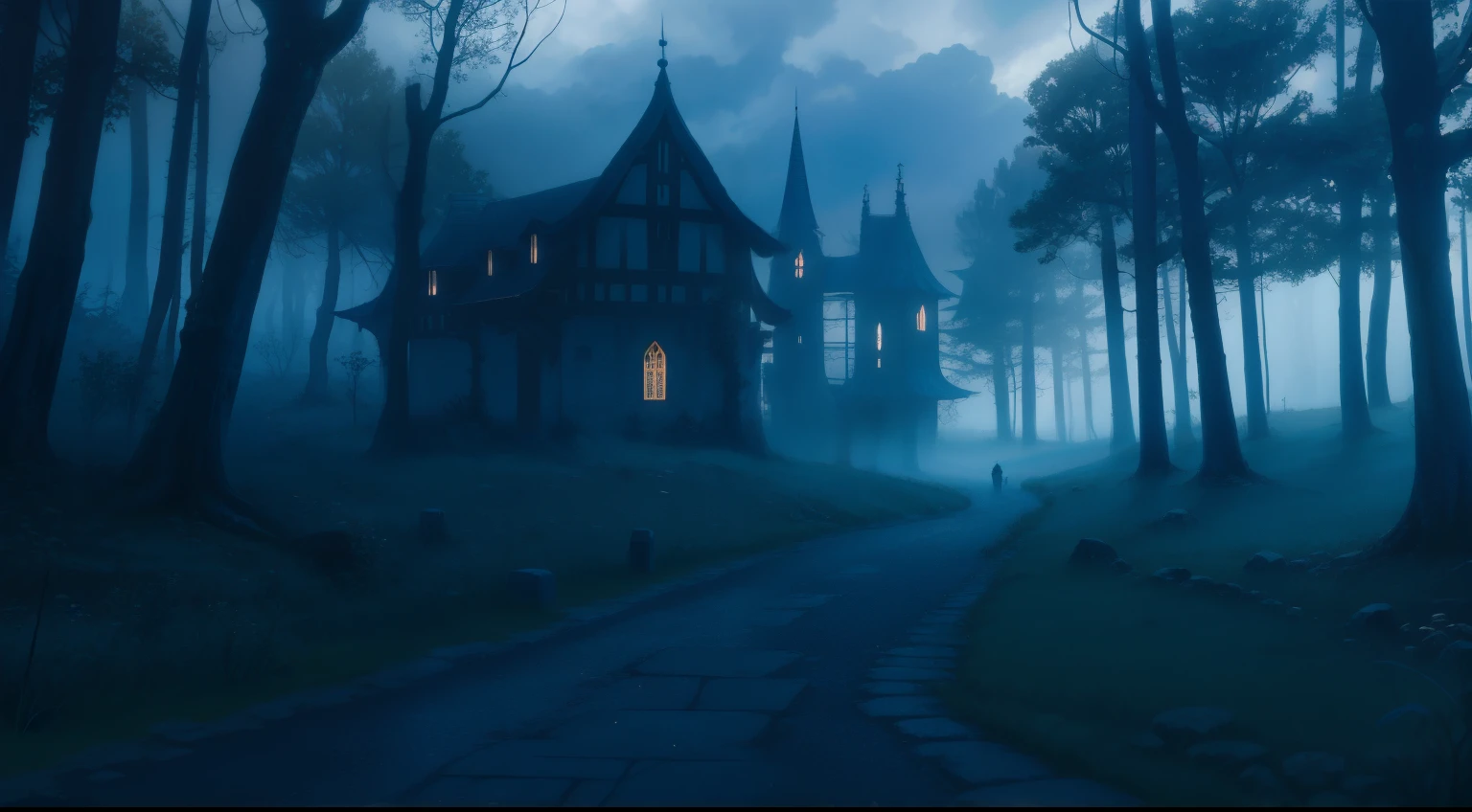 scenic background, anime style, fog, mist, medieval fantasy town, haunted forest, cobblestone paths, grass, low visibility, spooky mood, dark lightning, fog clouds, landscape illustration, misty weather, tranquil eerie landscape, silent hill fog, night time, phblue, scenery, blue theme, assassin's den,