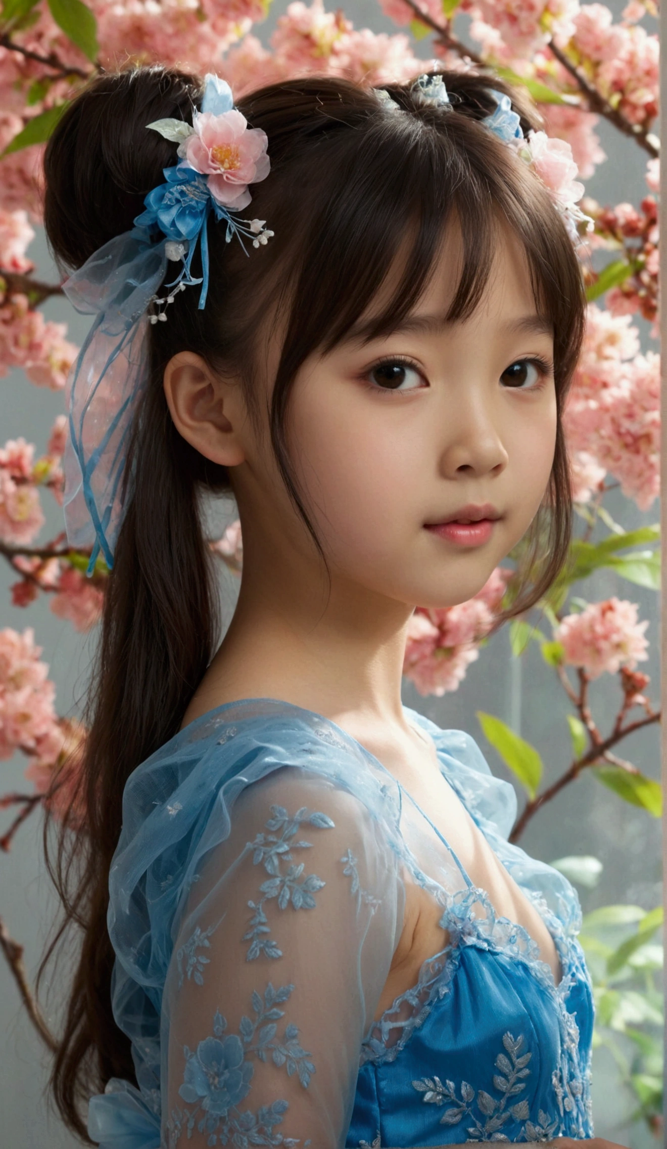 Masterpiece, 8K, most beautiful asian girl in the world, cute girl, age 9, small-budding breast, pale skin, juveniles physique, elementary_school-girls physique, charming girl, One-piece style sheer fabric dress, sheer fabric, translucent clothes, full-body, standing, from the front, act very pretty