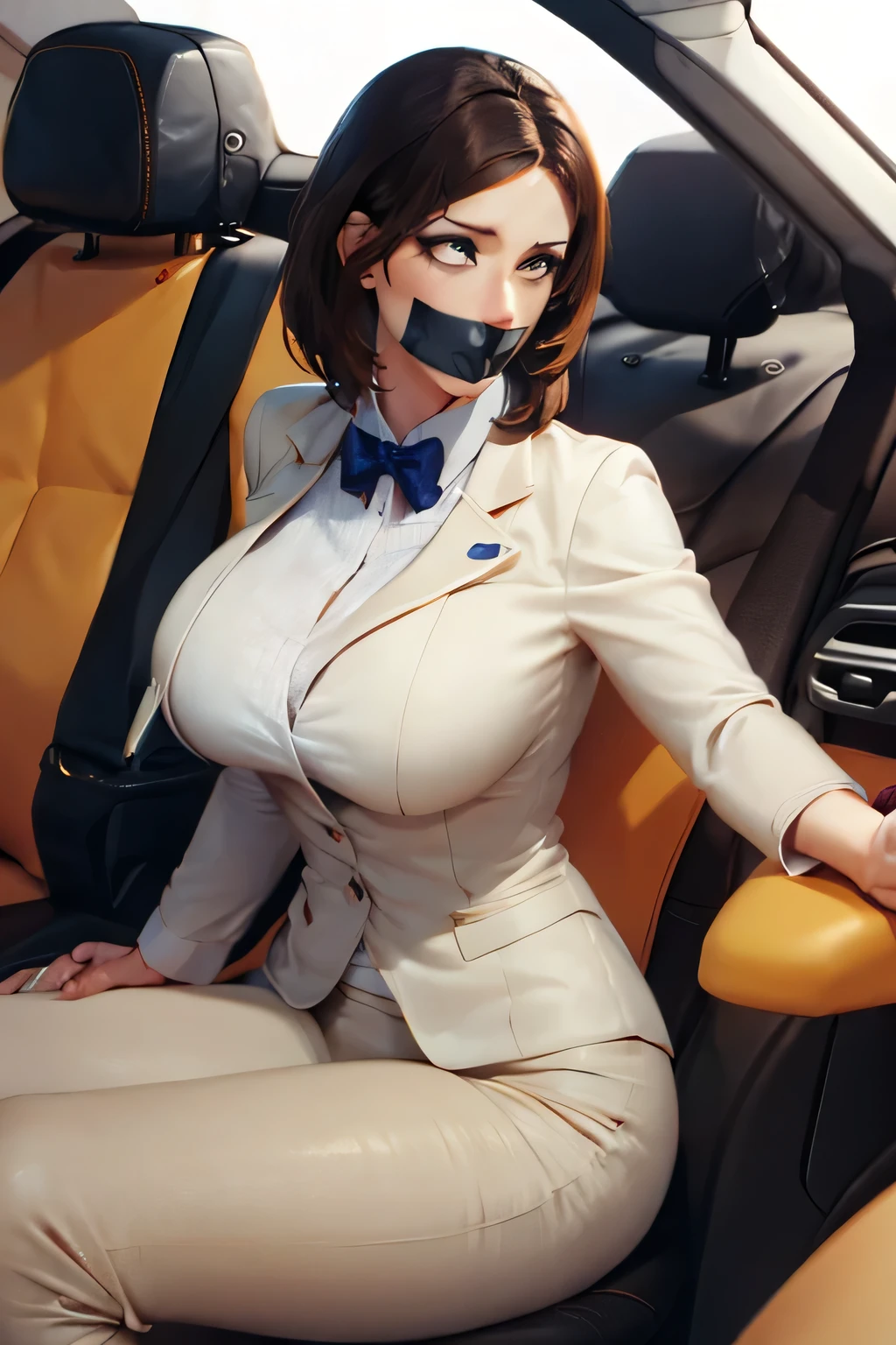 a woman in a car, (tape gag:1.2 ),8K,brown hair, large breasts, beige suit, detailed facial feature, 8k, highest quality,studio lighting, intricate details, masterpiece,sitting on seat,rolling eyes