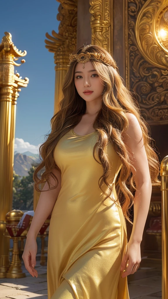  high definition,  Anatomically Correct ,  Ultra High Definition,  textured skin around the chest, woman、((Golden wavy hair parted in the center )),  big breasts at the temple、(( fantasy world )), ((((Goddess)))), Muscular、(( The background is a temple in the sky surrounded by light)), (Walking towards here), (Whole body god々Shiny white dress ), solo, 