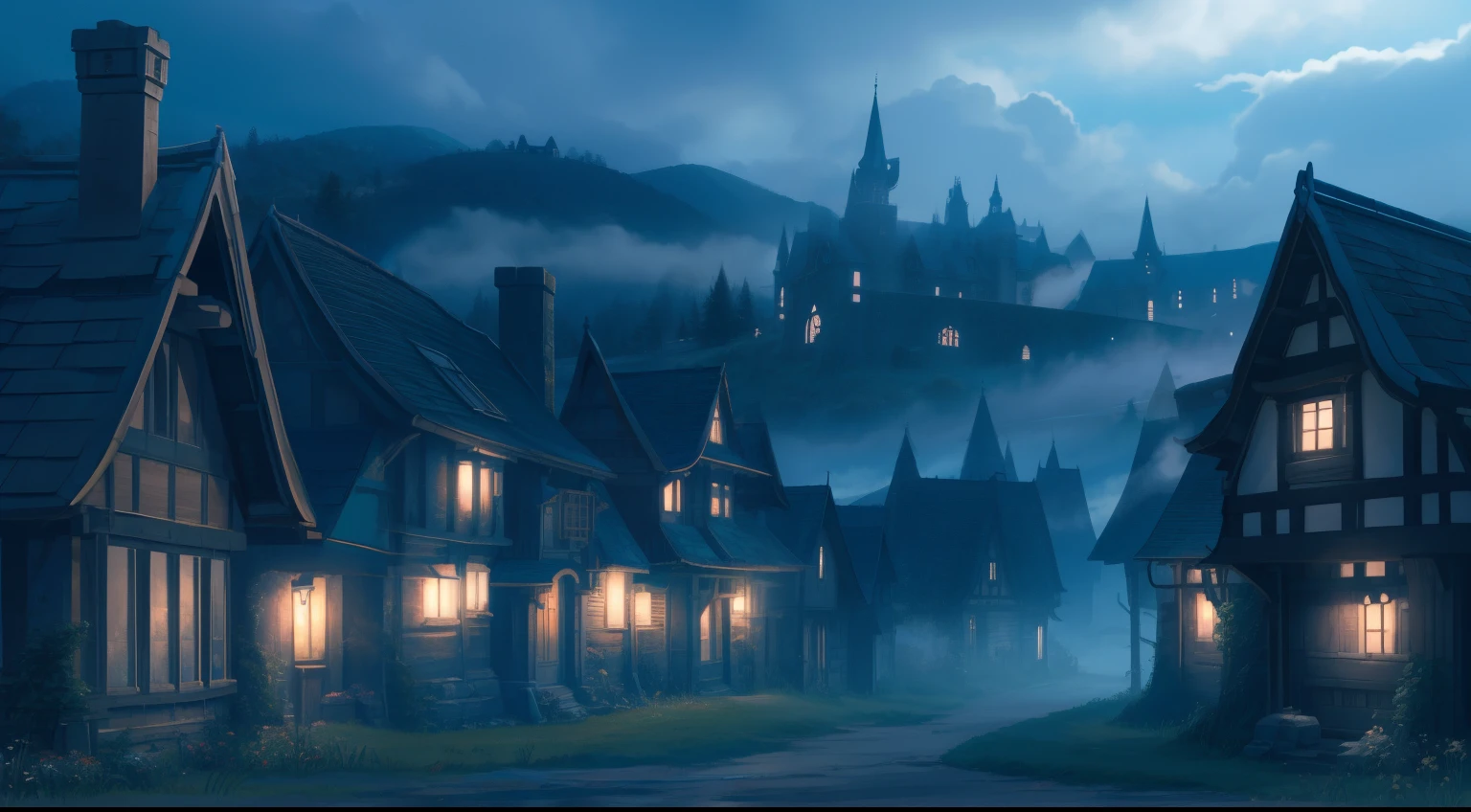 scenic background, anime style, fog, mist, medieval fantasy town, multiple houses, haunted forest, cobblestone paths, grass, low visibility, spooky mood, dark lightning, fog clouds, landscape illustration, misty weather, tranquil eerie landscape, silent hill fog, night time, phblue, scenery, blue theme, assassin's den,