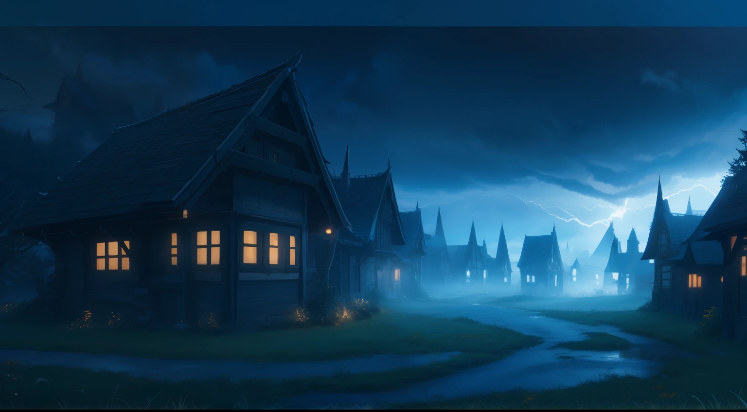 scenic background, anime style, fog, mist, medieval fantasy town, multiple houses, haunted forest, cobblestone paths, grass, low visibility, spooky mood, dark lightning, fog clouds, landscape illustration, misty weather, tranquil eerie landscape, silent hill fog, night time, phblue, scenery, blue theme, assassin's den,
