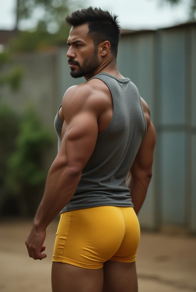 Base model of a handsome indian man, homoerotic, masterpiece, c, handsome face, posing for photo shoot, ultra HD, 16k resolution, handsome face, beautiful eyes, messy hair, homoerotic, nsfw ,ass, butt cheeks ,thighs , head to thighs on focus only ,tank tops,shy expression , looking back at me