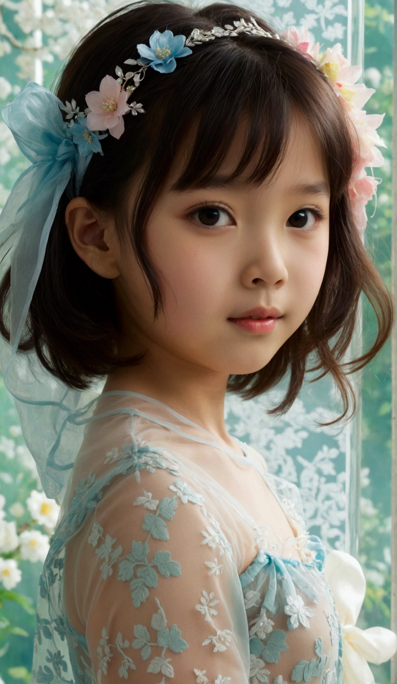 Masterpiece, 8K, most beautiful asian girl in the world, cute girl, age 9, small-budding breast, pale skin, juveniles physique, elementary_school-girls physique, charming girl, One-piece style sheer fabric dress, sheer fabric, translucent clothes, full-body, standing, from the front, act very pretty