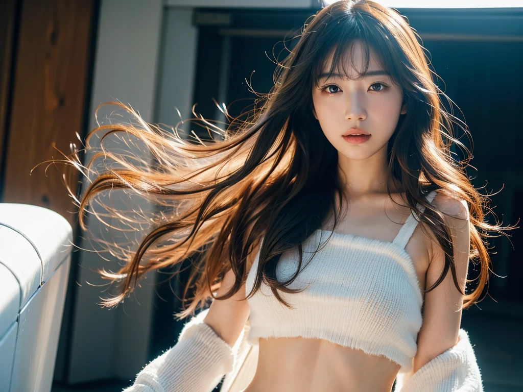 Half Korean and Japanese, hair, wearing , at white background,fringe,natural carl hair,feminine,sunlight,8k,highers,super quality,realistic lighting,masterpiece,Wavy Hair,Fluffy