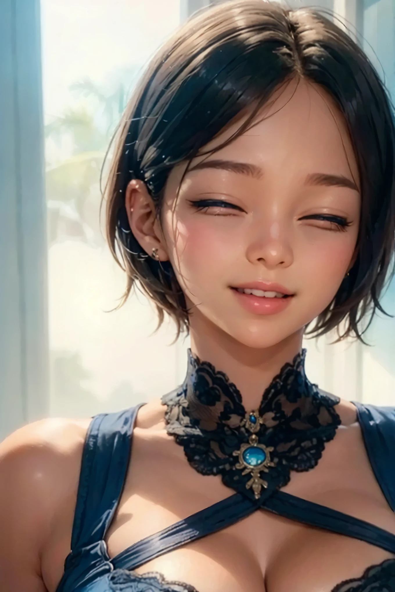 photorealistic detailed illustration, Smiling face, blue girl, open mouth, short cut hair, detailed skin, lot of cookie, blue background, perfect lighting, 8K, high resolution,