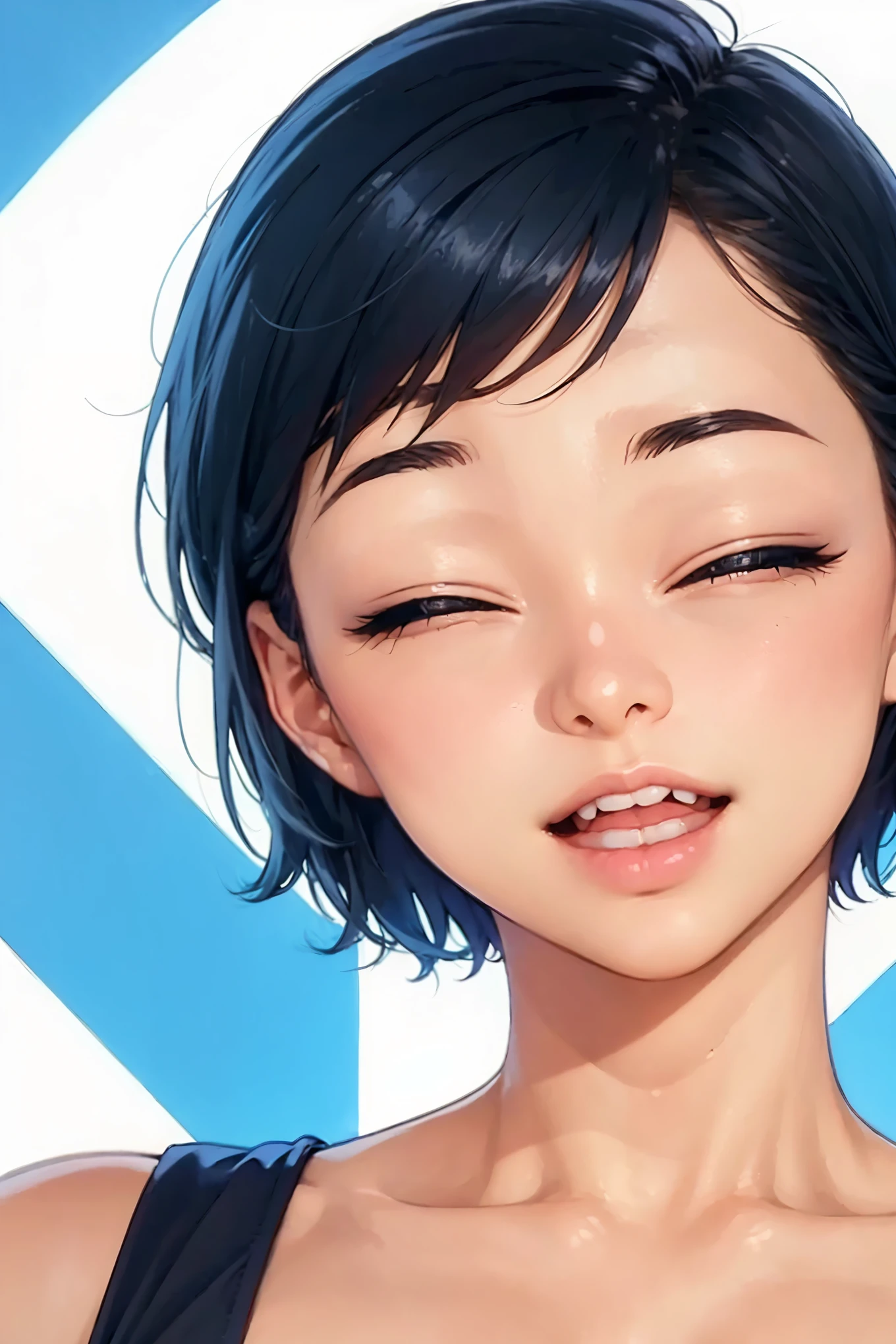 photorealistic detailed illustration, Smiling face, blue girl, open mouth, short cut hair, detailed skin, lot of cookie, blue background, perfect lighting, 8K, high resolution,