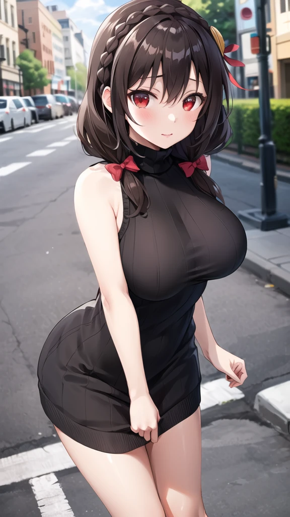 masterpiece,best quality, highres, yunyun1, 1girl, red eyes, solo, braid, long hair, large breasts, hair ornament, black hair, hair bow, crown braid, brown hair, twintails, sweater dress, virgin killer sweater, sleeveless, bare arms, street,