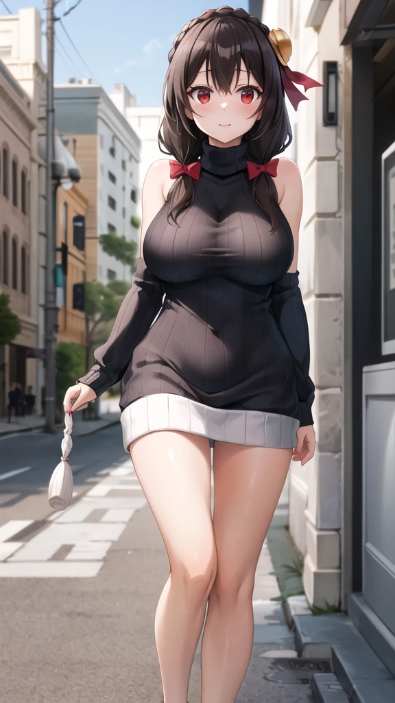 masterpiece,best quality, highres, yunyun1, 1girl, red eyes, solo, braid, long hair, large breasts, hair ornament, black hair, hair bow, crown braid, brown hair, twintails, sweater dress, virgin killer sweater, sleeveless, bare arms, street,