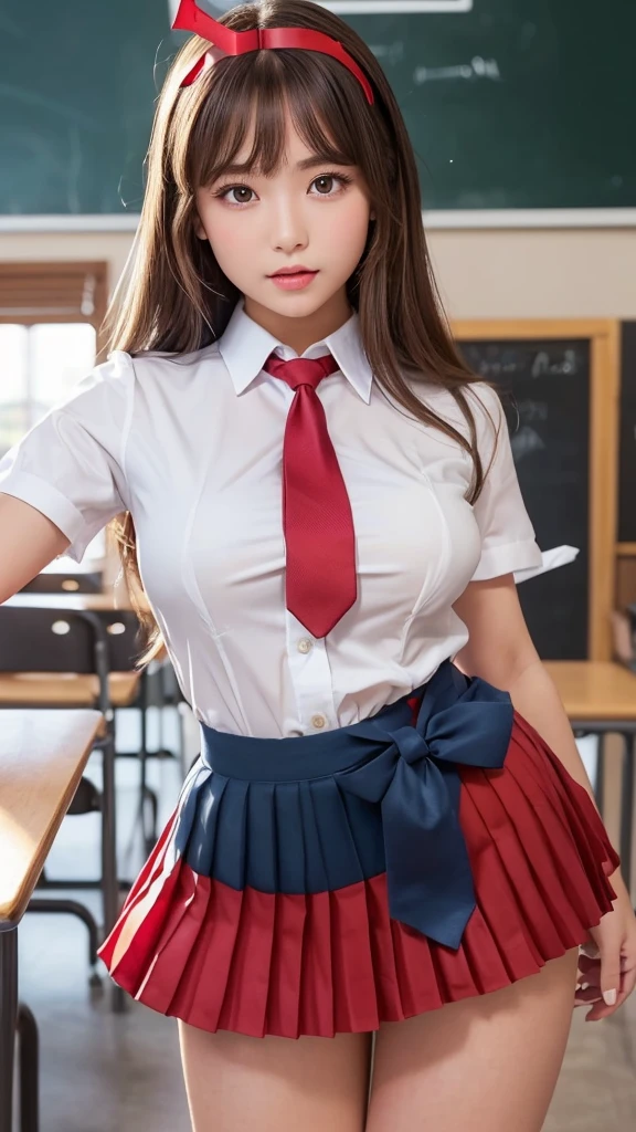 (1young girl), (highly detailed Beautiful face), Amazing face and eyes, (Best Quality:1.4), (Ultra-detailed), (extremely detailed CG unified 8k wallpaper), Highly detailed, High-definition raw color photos, Professional Photography, Realistic portrait, Amazing face and eyes, Pink eyes, (hi-school uniform, pleated mini skirt:1.3), (High school uniform with wide open breasts:1.4), twintails, brown hair, model, (((Bokeh))), depth of fields, School, classroom, sitting, ((panties, cameltoe)),