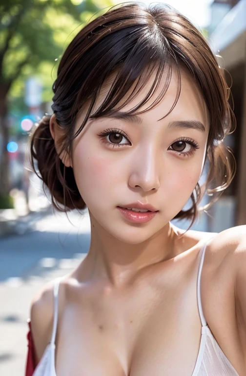 japanese girl in summer clothes, top shot,((selfie)), brown eyes, random background, kiss, beautiful, huge breasts, flirtatious look, ((very detailed)), (perfectly detailed face), (well detailed hand), photorealistic image.