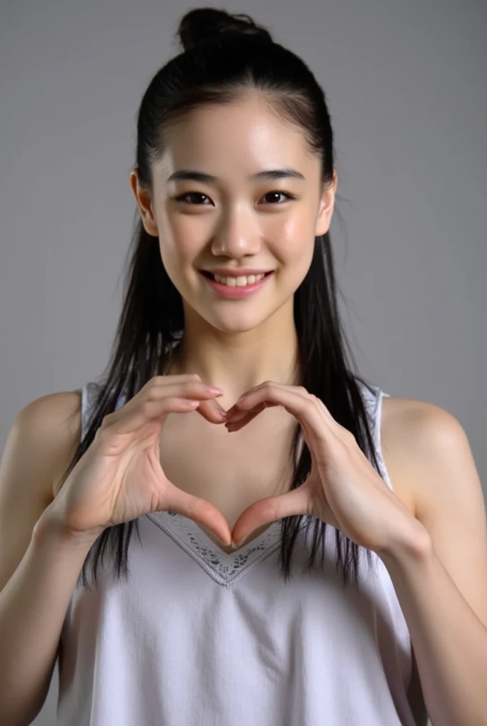 She is in a pose wearing a sexy camisole, making a firm big heart shape with both hands, and holding it in front of her chest, Cute smile up、Monotone background

