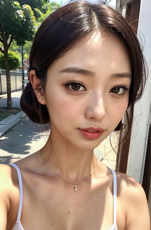 japanese girl in summer clothes, top shot,((selfie)), brown eyes, random background, kiss, beautiful, huge breasts, flirtatious look, ((very detailed)), (perfectly detailed face), (well detailed hand), photorealistic image.