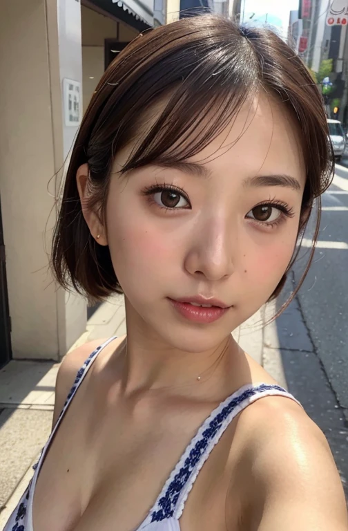 japanese girl in summer clothes, top shot,((selfie)), brown eyes, random background, kiss, beautiful, huge breasts, flirtatious look, ((very detailed)), (perfectly detailed face), (well detailed hand), photorealistic image.