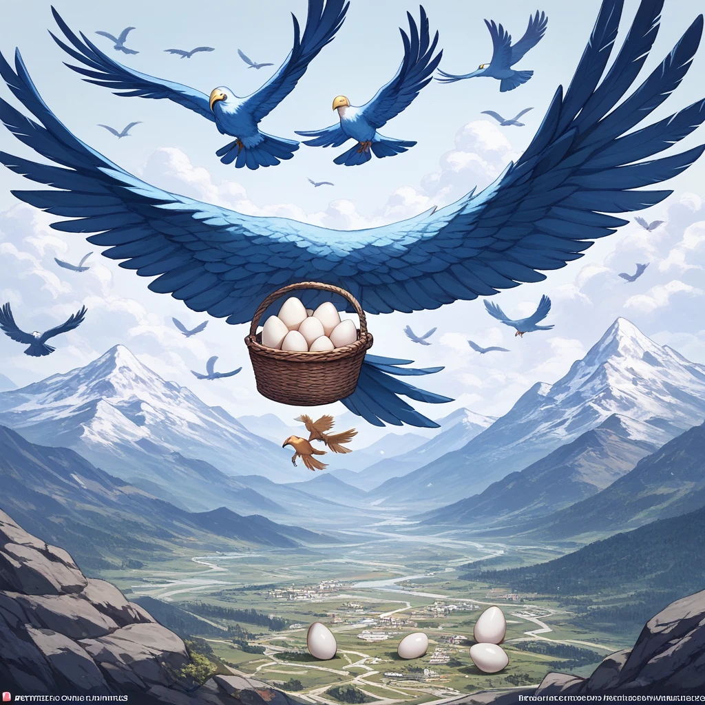  5 harpy women flying on a mountain, giant bird eggs , a lot of wind, bursts of air .