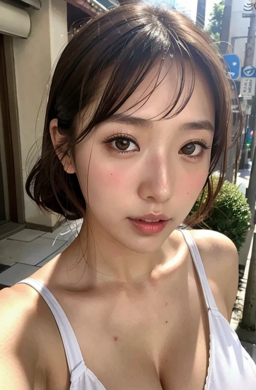 japanese girl in summer clothes, top shot,((selfie)), brown eyes, random background, kiss, beautiful, huge breasts, flirtatious look, ((very detailed)), (perfectly detailed face), (well detailed hand), photorealistic image.