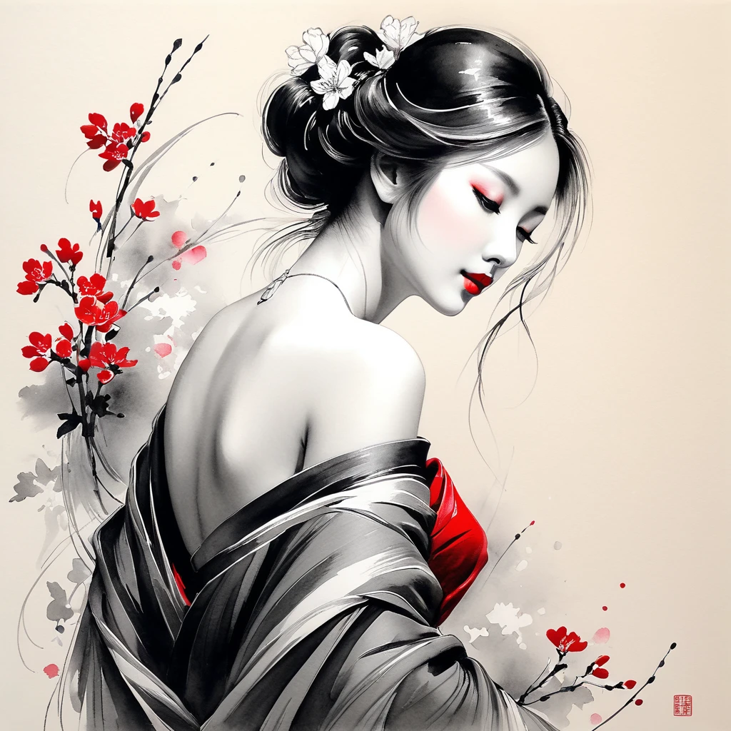 Graceful Maiden，Black and white水墨画，Pen sketch，Gentle brushstrokes， draw delicate lines with a pen， Fluid Action ， Subtle shades of paint ， Graceful Posture， gentle expression ，Gentle features，Black and white，Clean up, Small red.