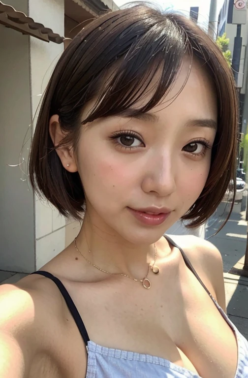 japanese girl in summer clothes, top shot,((selfie)), brown eyes, random background, kiss, beautiful, huge breasts, flirtatious look, ((very detailed)), (perfectly detailed face), (well detailed hand), photorealistic image.