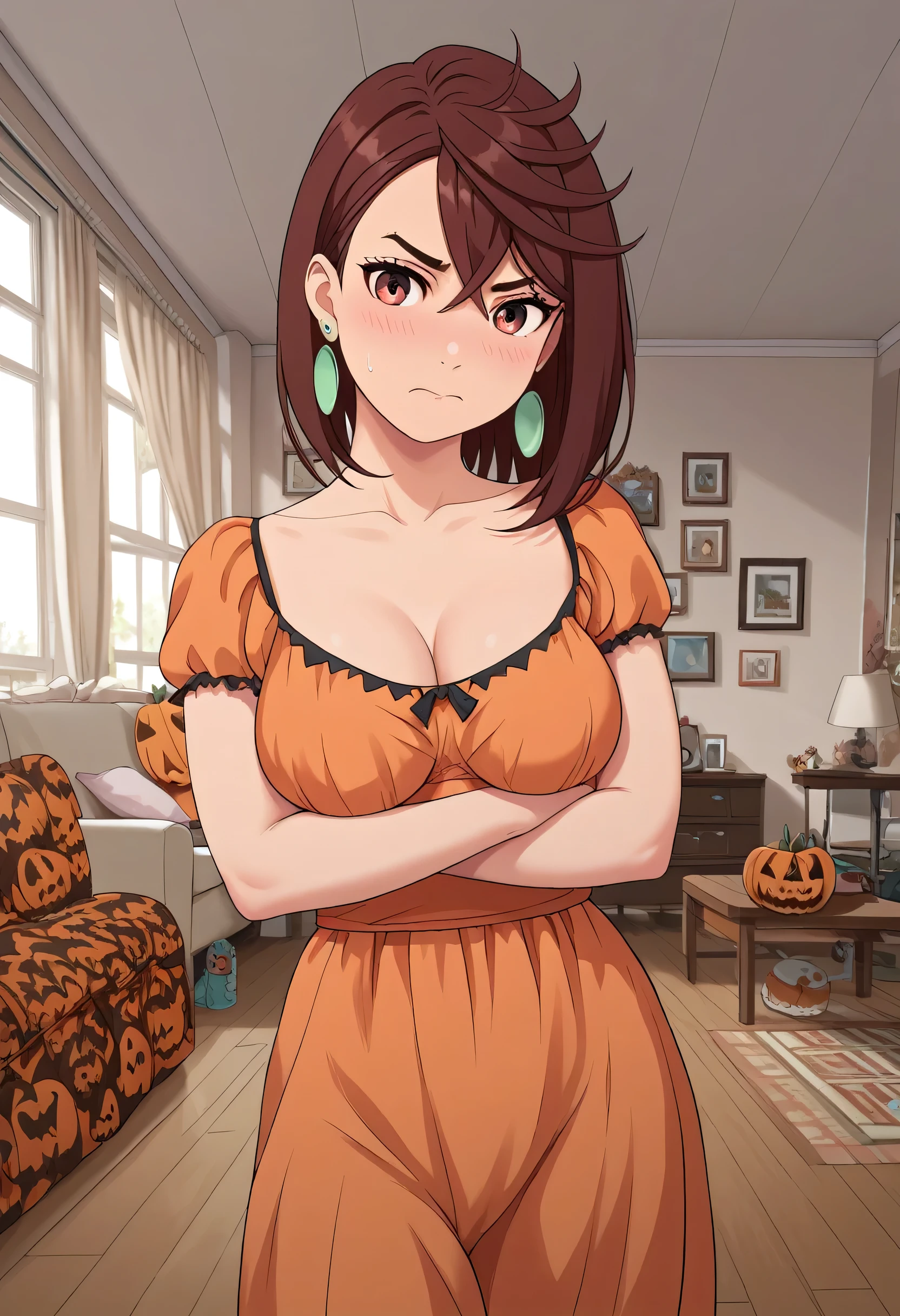 ayase_wz, medium hair, brown hair, brown eyes, medium breasts, posing embarrassed, halloween costume, green earrings, red face, medium breasts, detailed background, indoor, living room, house living room, halloween theme,