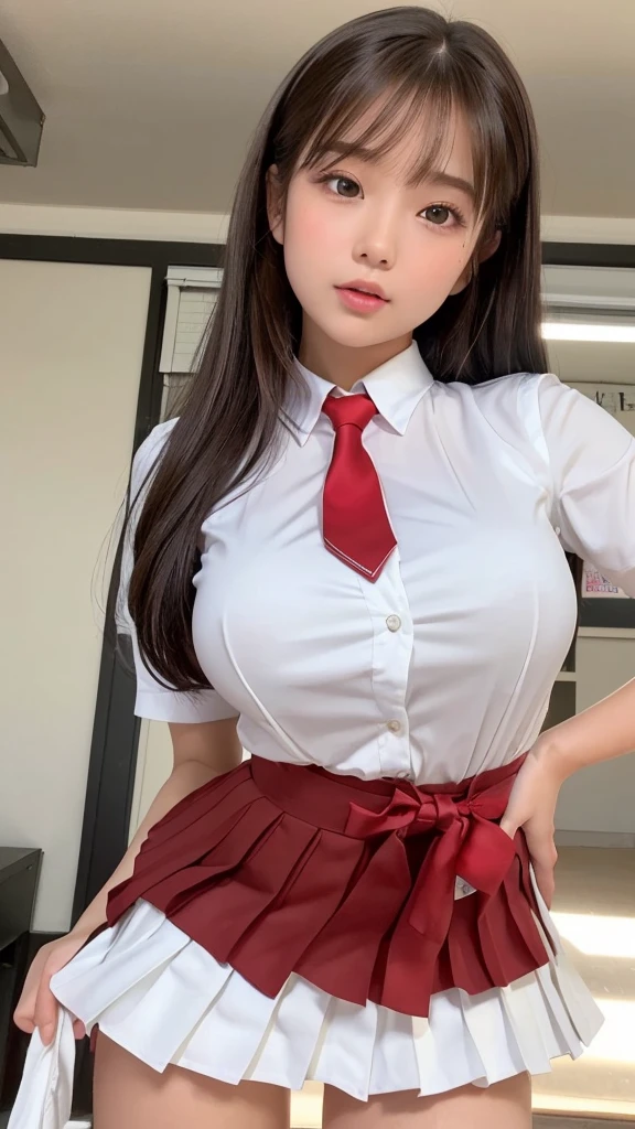 Asian、model、Black Hair、Long Hair、sexy、Big Breasts、Topless、school uniform、Wet、A woman lifting her clothes to reveal her breasts