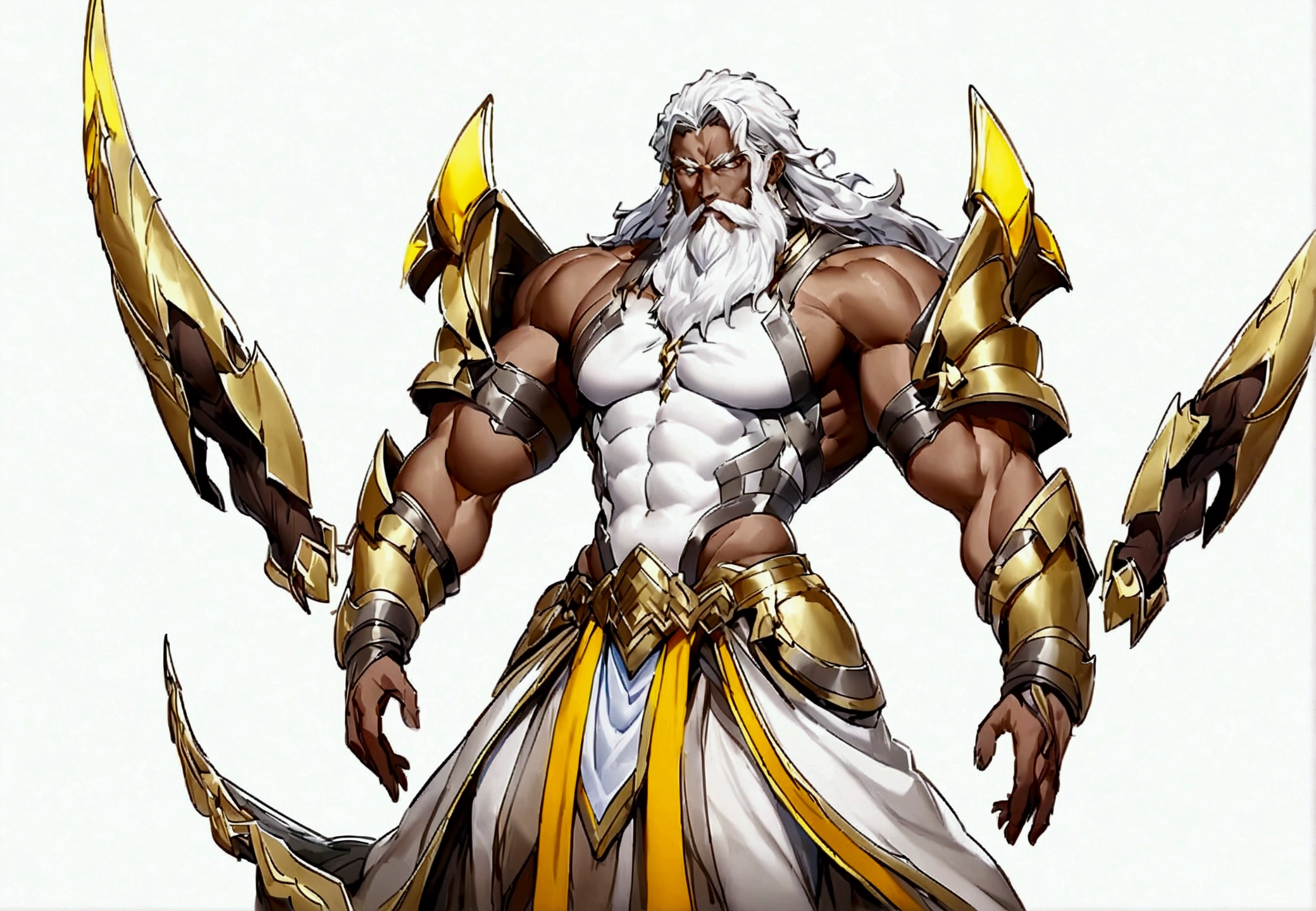 Highest accuracy,big muscular man,White and gold Greek gorgeous costumes,Shirtless,Lower body erection,Lower body details,Thick pubic hair,Handsome face,Short white hair,The background is the Greek city-state,The background is rich in detail,Greek mythological style