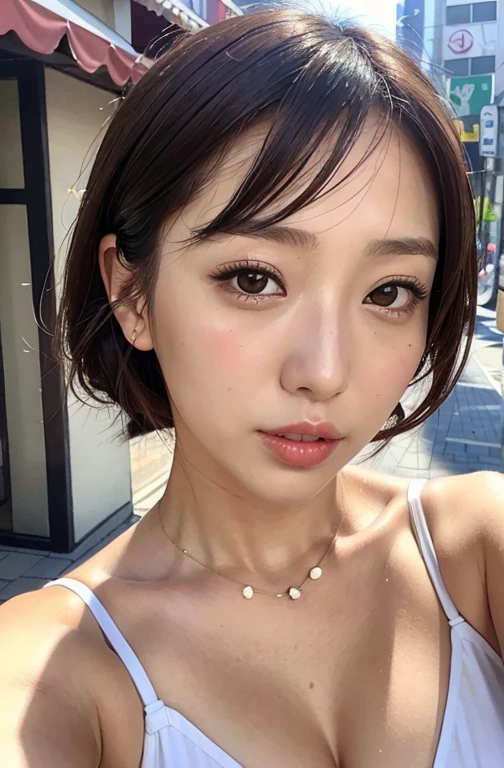 japanese girl in summer clothes, top shot,((selfie)), brown eyes, random background, kiss, beautiful, huge breasts, flirtatious look, ((very detailed)), (perfectly detailed face), (well detailed hand), photorealistic image.