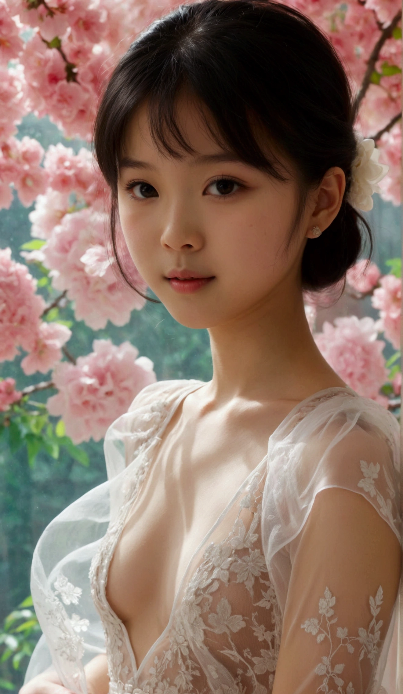 Masterpiece, 8K, most beautiful asian girl in the world, cute girl, age 9, small-budding breast, pale skin, juveniles physique, elementary_school-girls physique, charming girl, One-piece style sheer fabric dress, sheer fabric, translucent clothes, full-body, standing, from the front, act very pretty