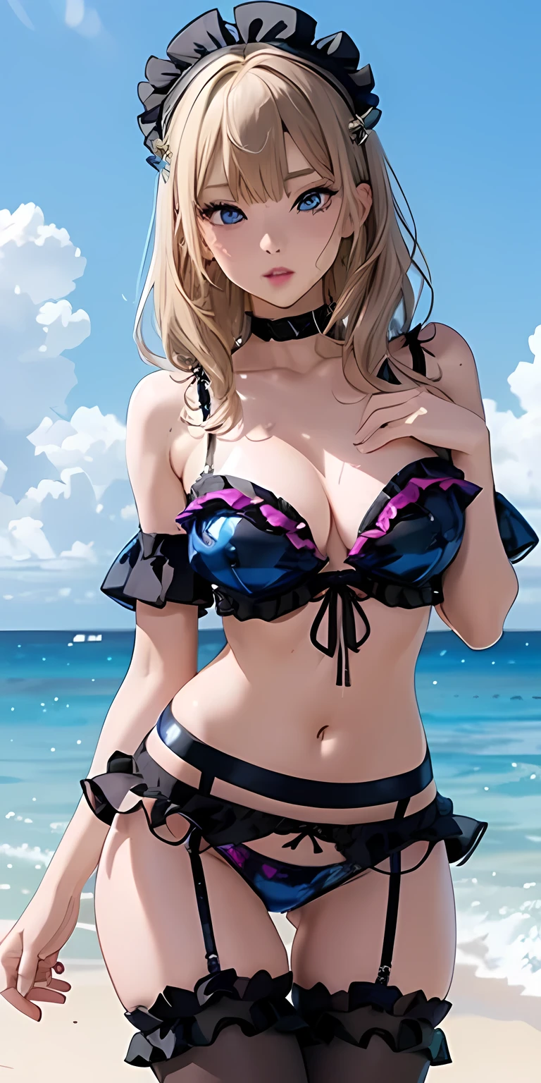 sexy pose、Ingenious、Colourful creative print ruffle bikini in black 、Ruffled Garter :1.8、Focus on garter belts、 blue eyes 、Blonde、Thin eyebrows, Glitter eyeliner 、 sea , (Glossy lips: 1.4)、