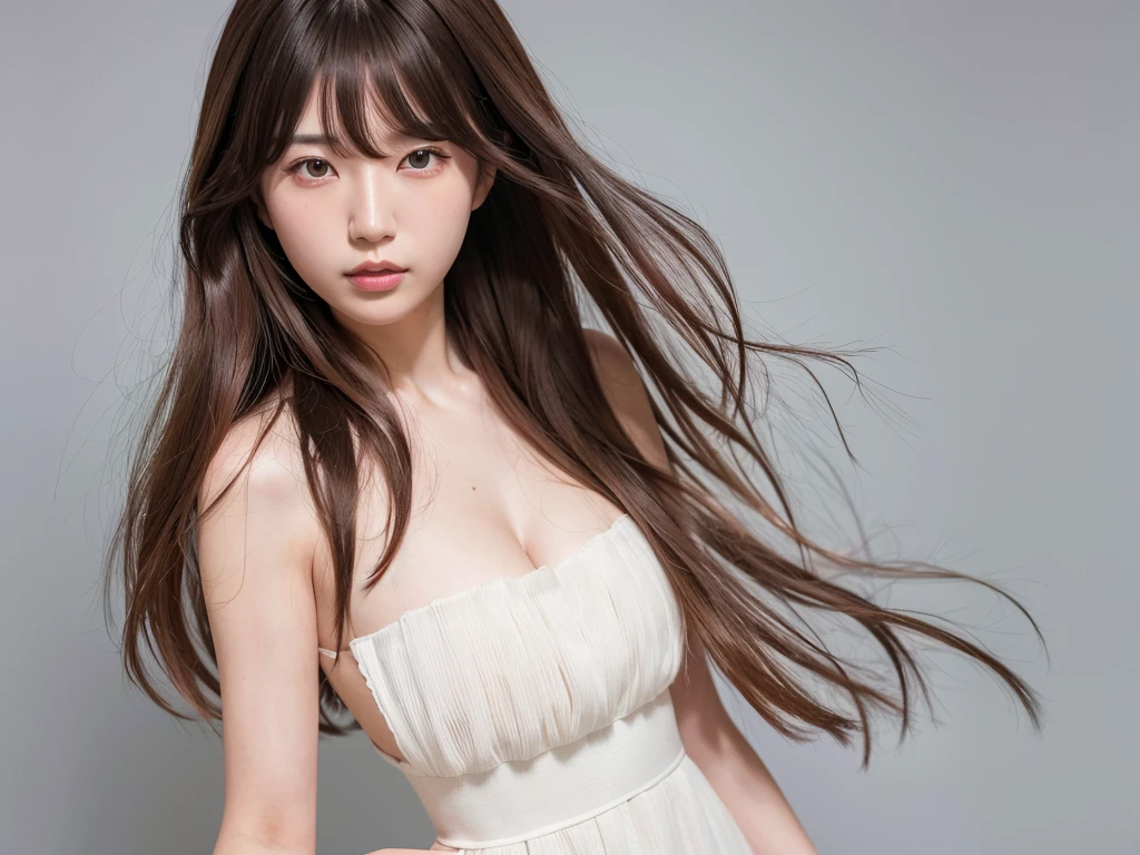 Half Korean and Japanese, hair, wearing , at white background,fringe,natural carl hair,feminine,sunlight,8k,highers,super quality,realistic lighting,masterpiece,Wavy Hair,Fluffy