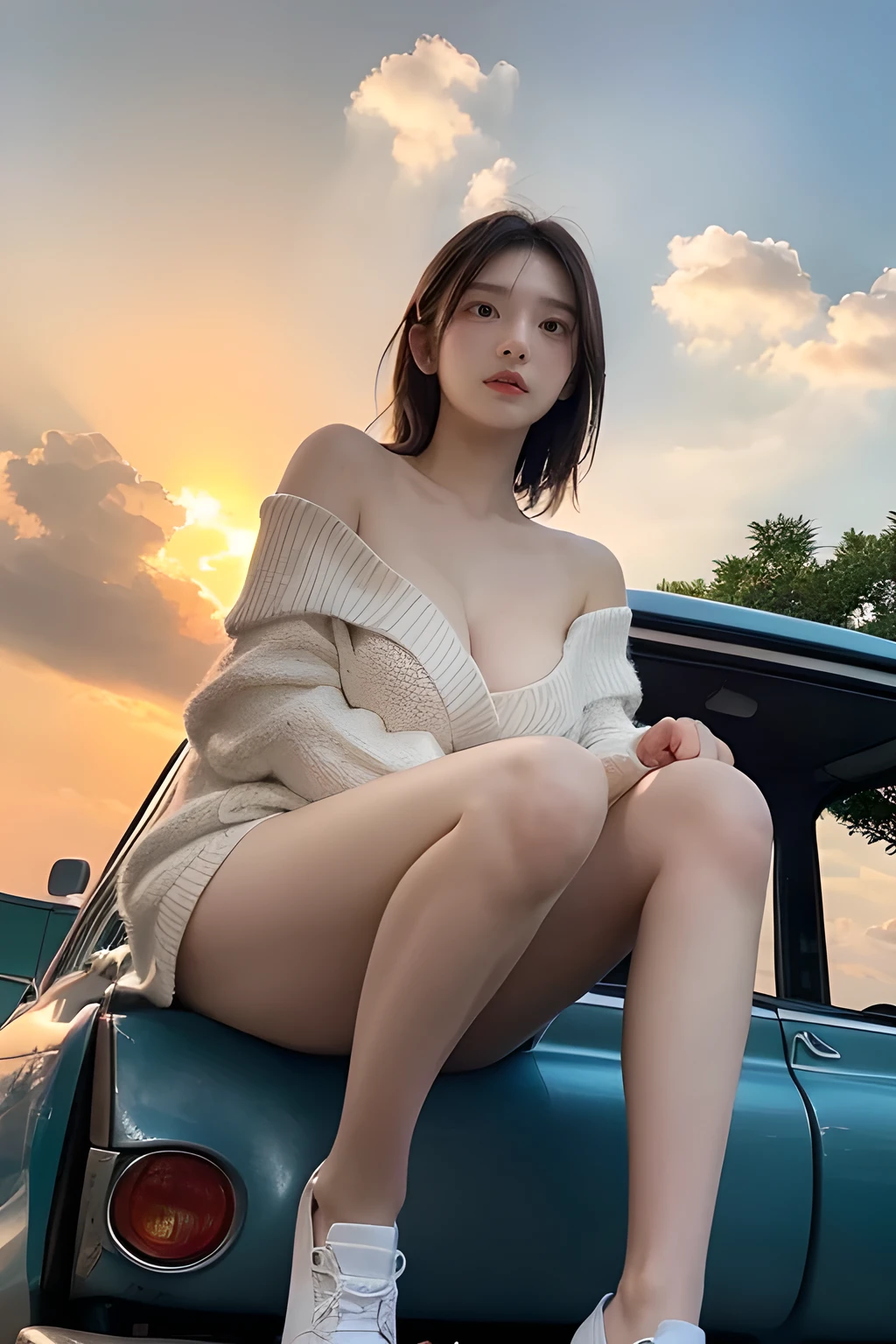 Masterpiece, 8K, (Three girls in:1.2), High school girl, Photorealistic, (Plump breast:1.3), (sitting in (seaside) old car 
 with her legs spread wide:1.3), (From below:1.4), medium  hair, Off shoulder big knit sweater, Blushed face, 
(Plump breast :1.3), Sundown, (Beautiful orange sky and clouds:1.3),