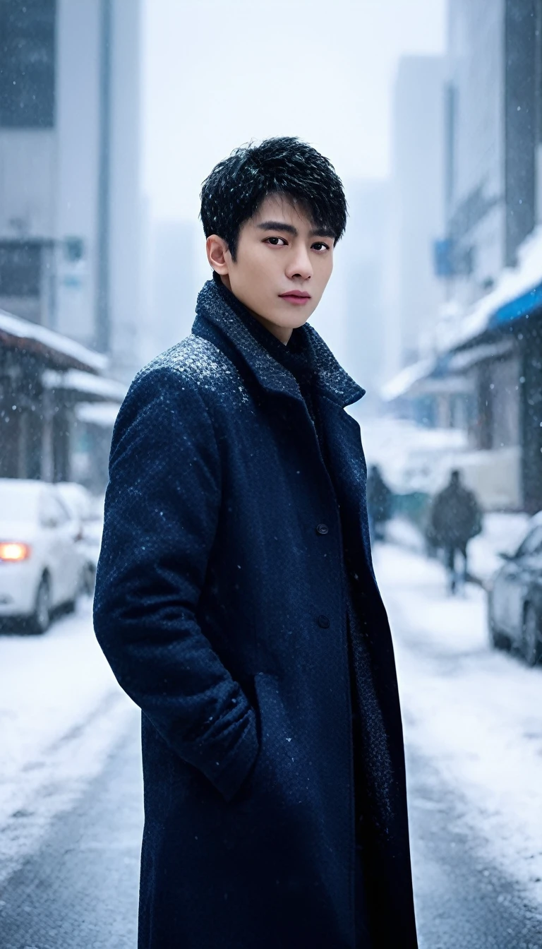 Cold city views 。 snowing 、 frosty scenery 。people々々 he's wearing a coat、Looks cold.。Night City、
 high definition, masterpiece,  Anatomically Correct , Best Quality,  high detail,  textured skin around the chest,  Ultra High Definition, 8k.realistic