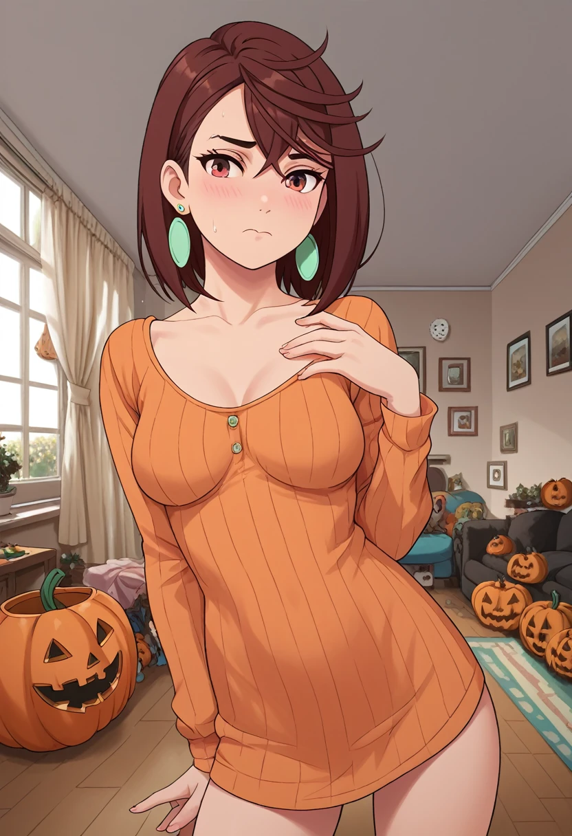 ayase_wz, medium hair, brown hair, brown eyes, medium breasts, posing embarrassed, halloween costume, green earrings, red face, medium breasts, detailed background, indoor, living room, house living room, halloween theme, 