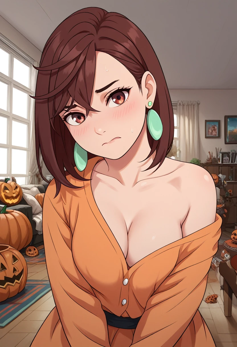 ayase_wz, medium hair, brown hair, brown eyes, medium breasts, posing embarrassed, halloween costume, green earrings, red face, medium breasts, detailed background, indoor, living room, house living room, halloween theme, 