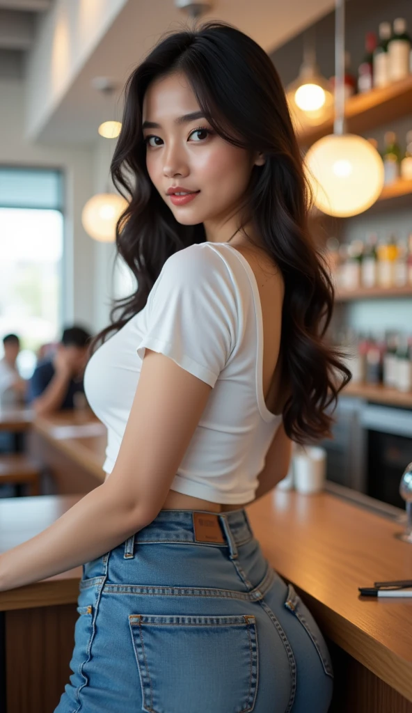  A full-body shot of a 27 year old busty Asian woman ， She has long straight black hair ，Golden highlights， beautiful detailed brown eyes ，Perfectly curved fine eyebrows ，Long black eyelashes。She has a full chest ，Dark skin，Thick thighs。She is wearing sexy jeans and a white t-shirt with black stilettos。 She's standing in a modern restaurant with white walls and ceilings， The back of her body leaning forward on the bar 。（ best quality ，4K， high resolution：1.2）， rich in detail ，realistic， Photorealistic ， soft lighting， beautiful facial features，Elegant and seductive pose， A gentle smile，Warm tones。 highlights her big butt 。