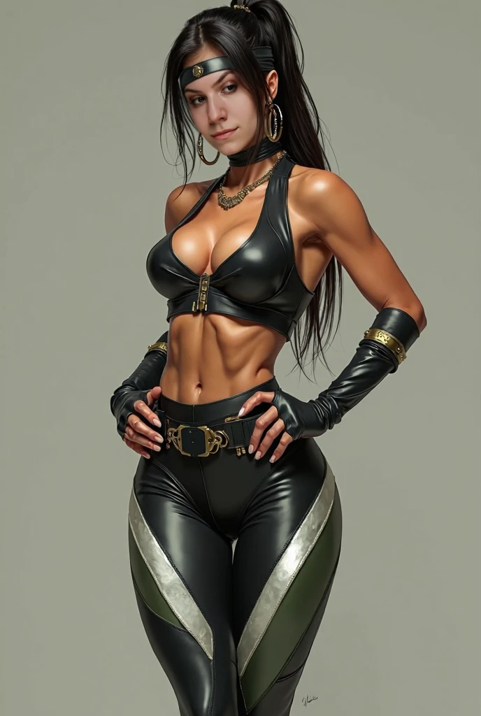 young, chic, and beautiful girl, jet-black hair, green eyes, muscular physique, black leather