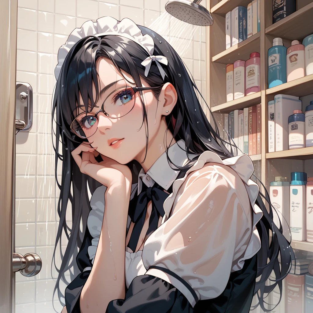 Black Hair,  long hair,Glasses,  maid clothes,Used bookstore,Showers,Sheltering from the Rain,