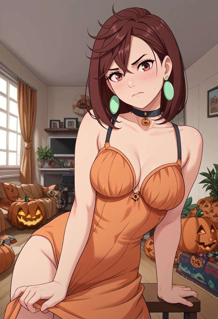 ayase_wz, medium hair, brown hair, brown eyes, medium breasts, posing embarrassed, halloween costume, green earrings, red face, medium breasts, detailed background, indoor, living room, house living room, halloween theme,
