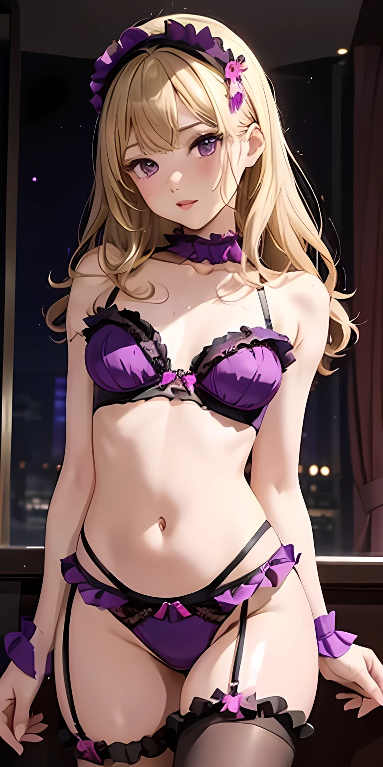 Model Walk、Contrapposto、Ingenious、Printed ruffle bikini in dark purple and pink tones  、Ruffled Garter :1.8、Focus on garter belts、Blonde、Thin eyebrows,  glitter eyeliner  、 Hotel Bar, (Glossy lips: 1.4)、