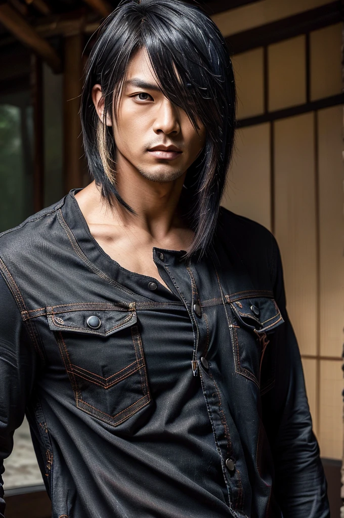 1 male Japanese Gothic Rocker, male, Asian eyes, Visual Kai hairstyle, 30 years old, shoulder length hair, black and blonde hair color, wearing a black men's shirt and black jeans, handsome face, ultra detailed face and body, hyperrealistic, realistic representation, muscular, broad shoulders