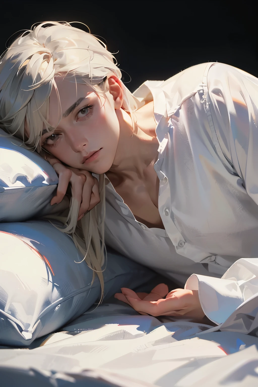 Long hair, male, stunningly beutiful, fantasy, romance fantasy, medieval theme, detailed background, in bed, (masterpiece:1.21),(bestquality:1.21),8k,high detailed,ultra-detailed,photography,award winning,documentary,Original Photo,Realisticity,solo,physically-based rendering,depth of field,(low saturation:1.3),(1boy;1.4:1.1),a male,silm,Real Skin Texture,White Marble Glowing Skin,model,model(random_color_clothing:1.45),(random stylish pose action:1.1), (close up view shot)