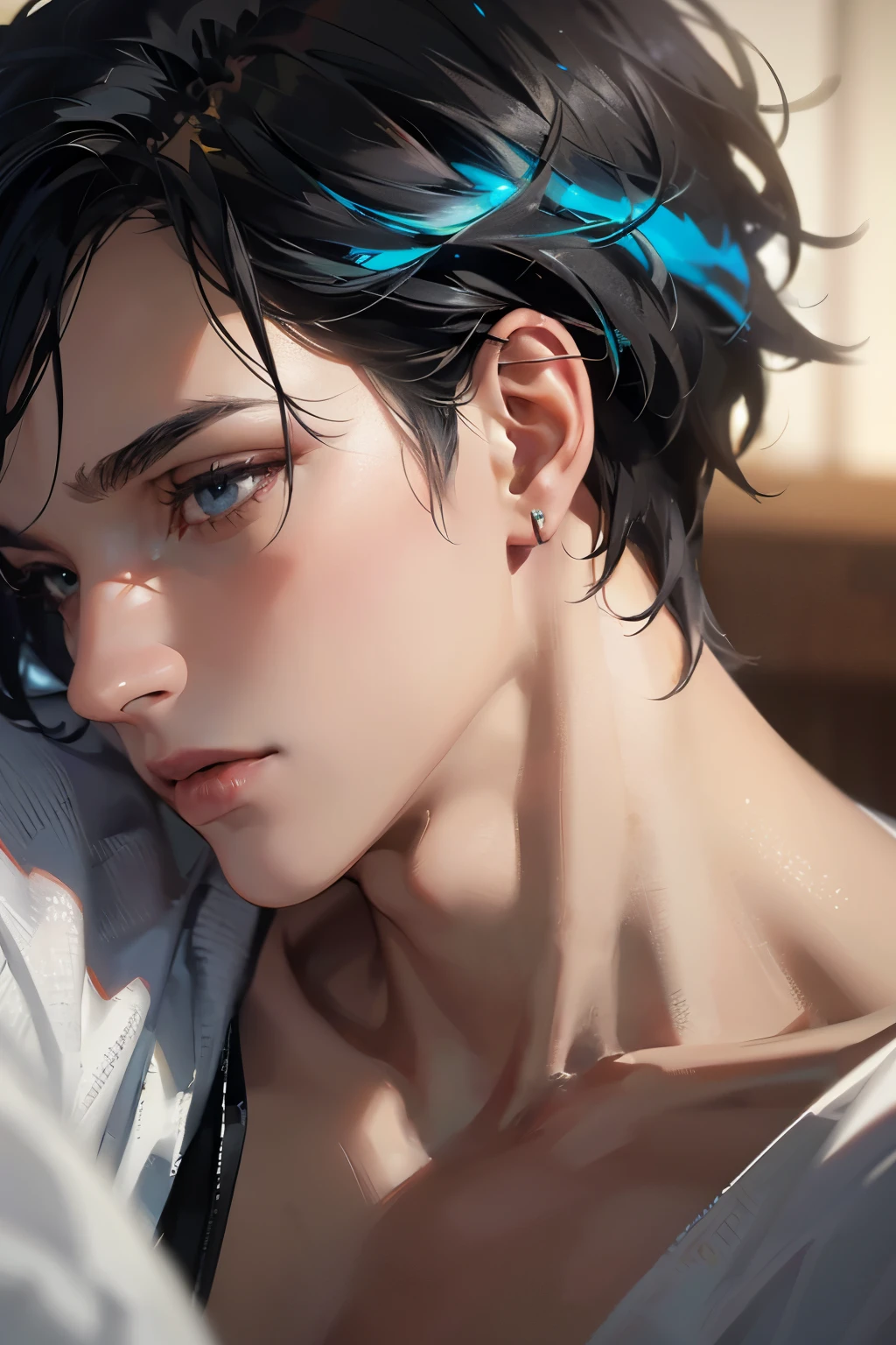 Random hair, male, stunningly beutiful, fantasy, romance fantasy, medieval theme, detailed background, in bed, (masterpiece:1.21),(bestquality:1.21),8k,high detailed,ultra-detailed,photography,award winning,documentary,Original Photo,Realisticity,solo,physically-based rendering,depth of field,(low saturation:1.3),(1boy;1.4:1.1),a male,silm,Real Skin Texture,White Marble Glowing Skin,model,model(random_color_clothing:1.45),(random stylish pose action:1.1), (close up view shot)
