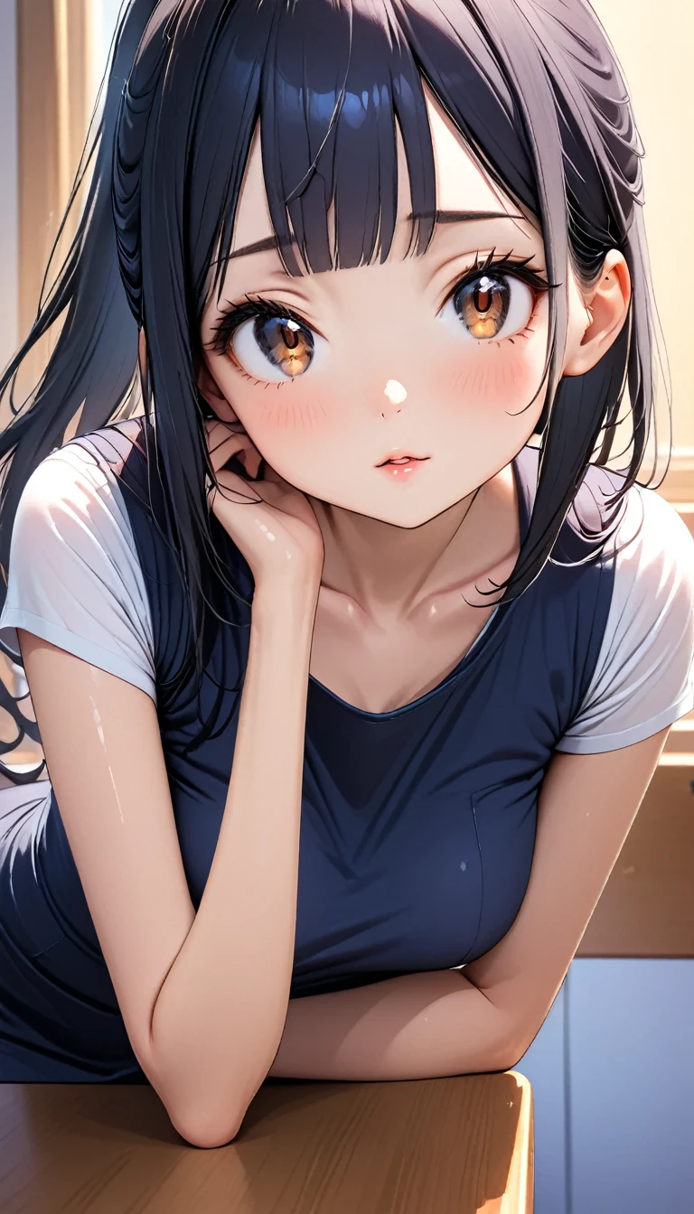 ((masterpiece,Best Quality:1.3,best quality illustrations)),portrait,cowboy shot,1woman,young adult,(ponytail),straight long hair,blue hair,(very small head:1.2),bangs,gorgeous eyes,brown eyes,blush,(very long body),small breasts,(dark blue casual mini dress,  crewneck 、Short sleeve,light_blue thighhighs),slender body,toned body,shiny skin,Simple desk、classroom、Tokyo、