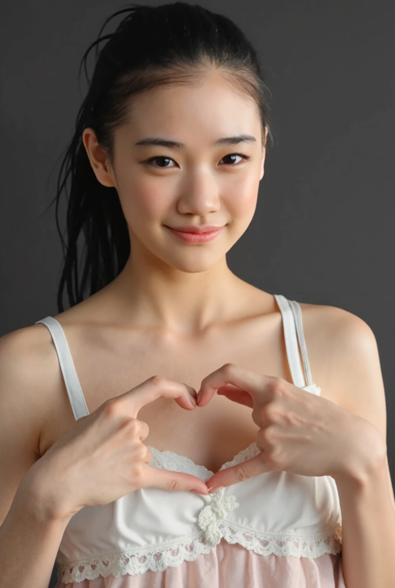 She is in a pose wearing a sexy camisole, making a firm big heart shape with both hands, and holding it in front of her chest, Cute smile up、Monotone background

